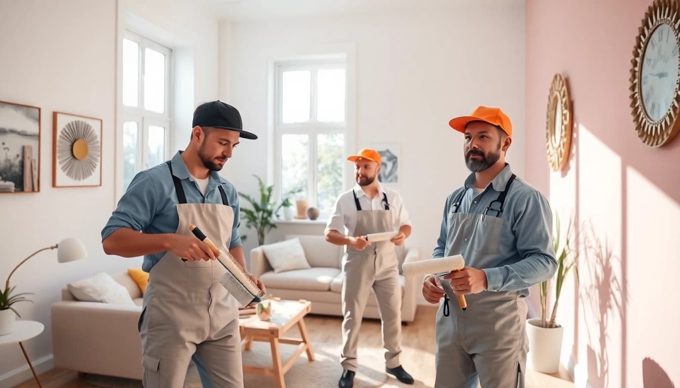 Professional painters transforming a bright interior space, showcasing their expertise in interior painting companies.