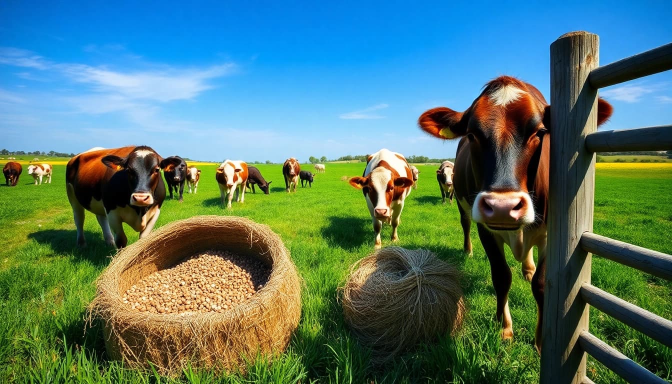 Cattle Feed showcased in a vibrant pasture with grazing cattle enhancing agricultural productivity.