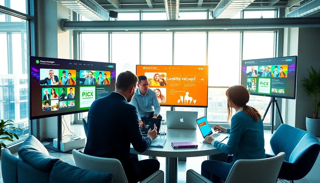 Web design company team brainstorming innovative website designs in a bright office setting.