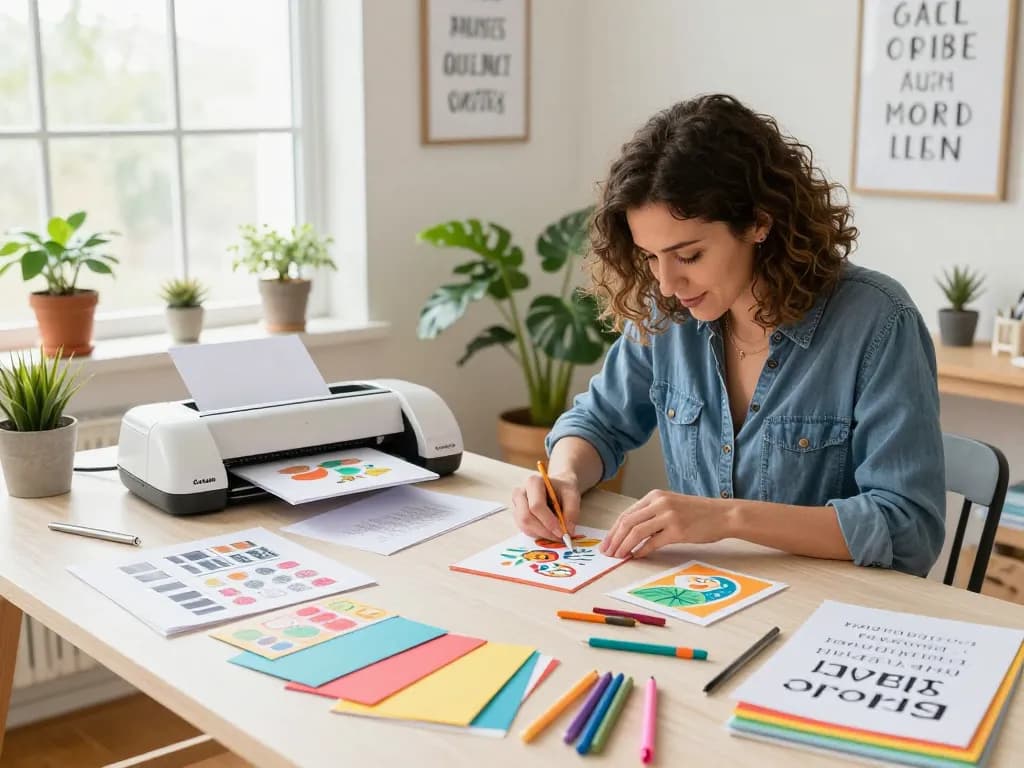 Cricut crafting scene featuring a woman designing personalized greeting cards with colorful materials and a Cricut machine.