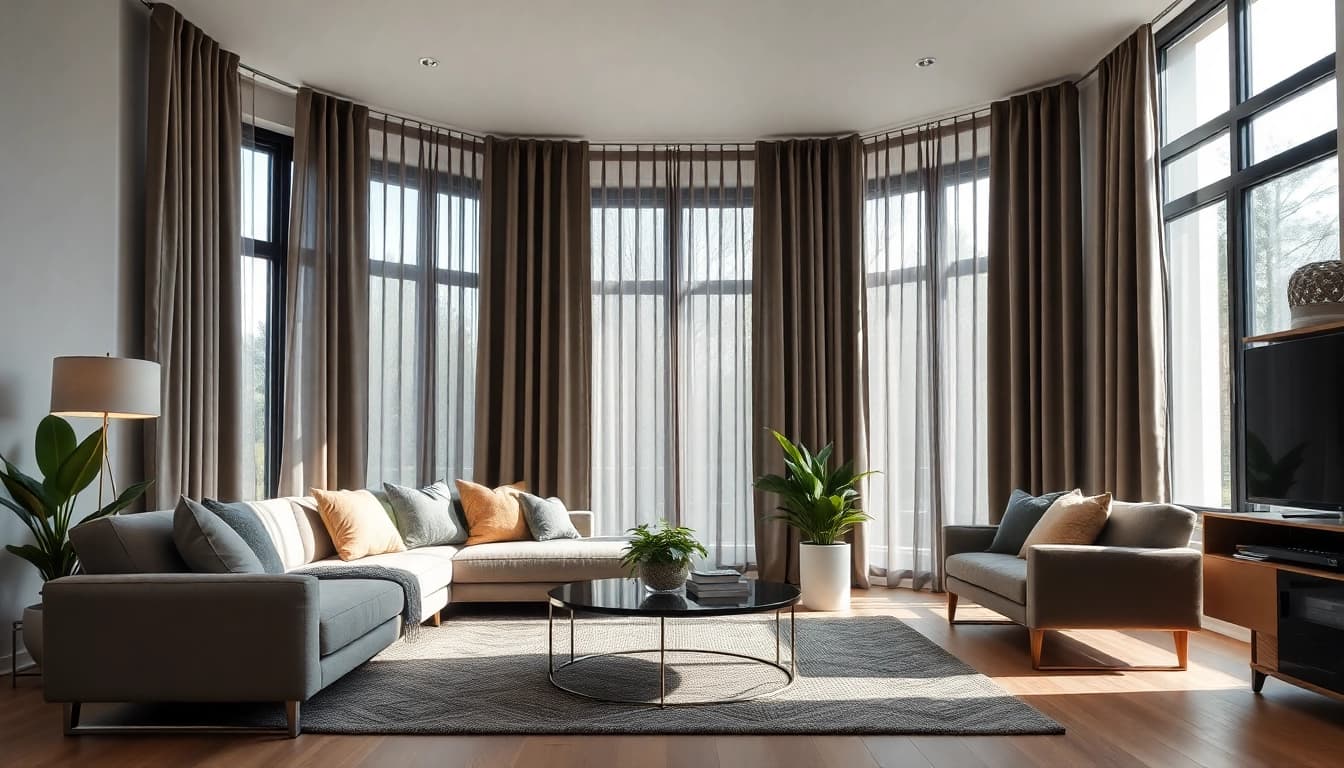 Verduisterende gordijnen creëren een gezellige sfeer in de woonkamer met natuurlijk licht.