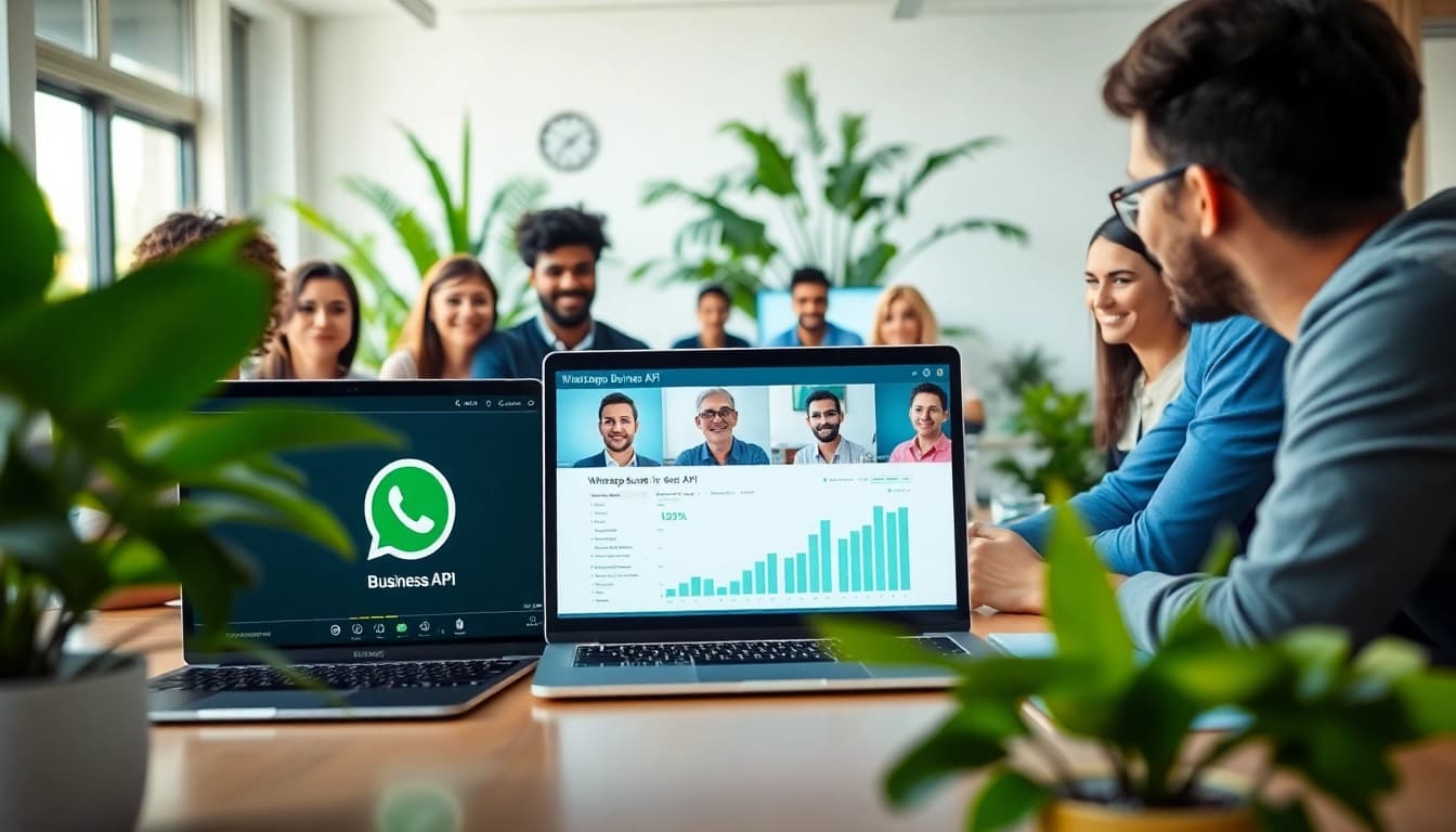 Showcase of professionals discussing the whatsapp business api in a modern office environment.