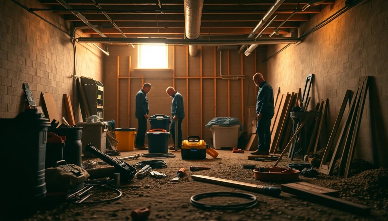 Crawl Space Restoration experts repairing and maintaining a clean and safe environment in a basement.