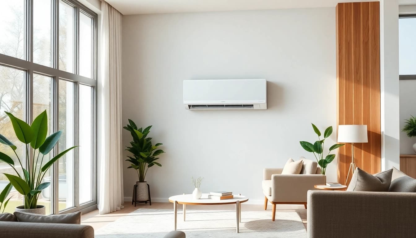 Enhance your space with a Mitsubishi mini split AC unit in a modern living room setup.