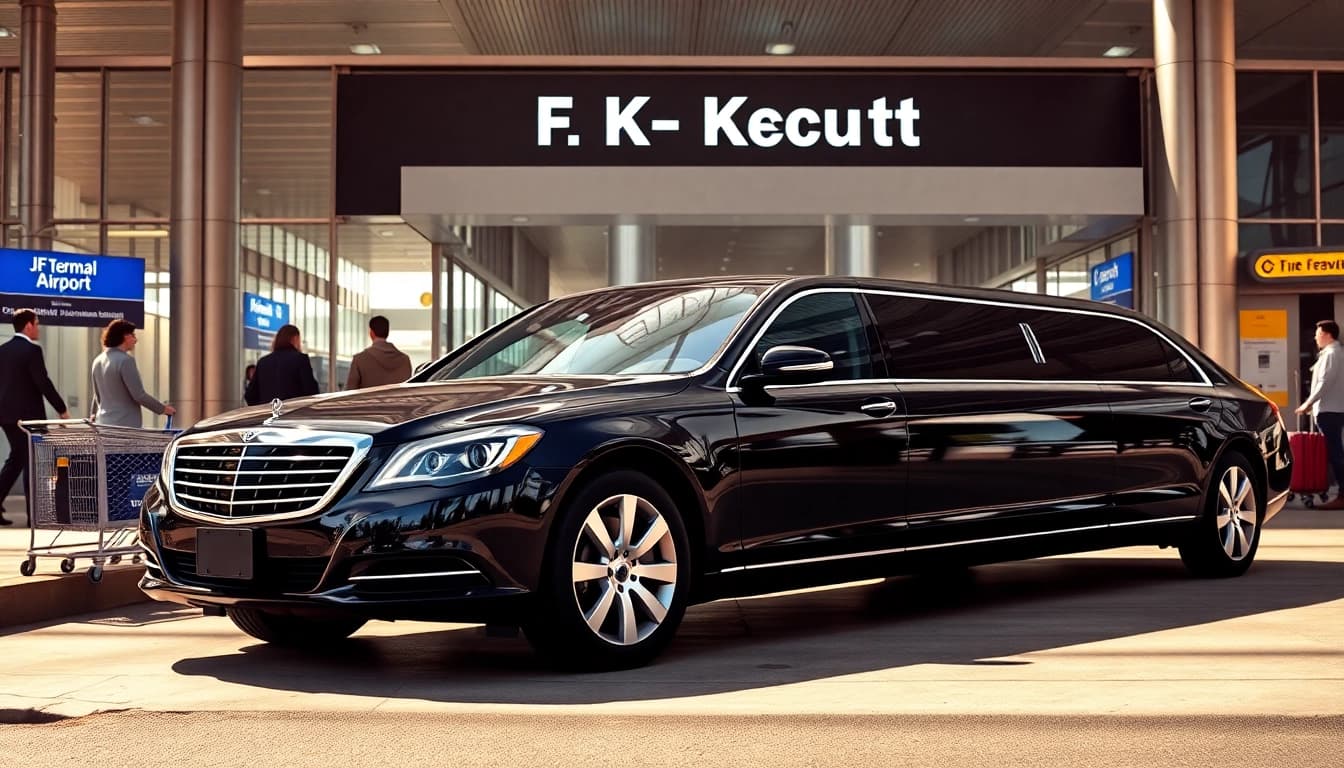 Experience refined JFK car service with a sleek black limousine at the airport terminal.