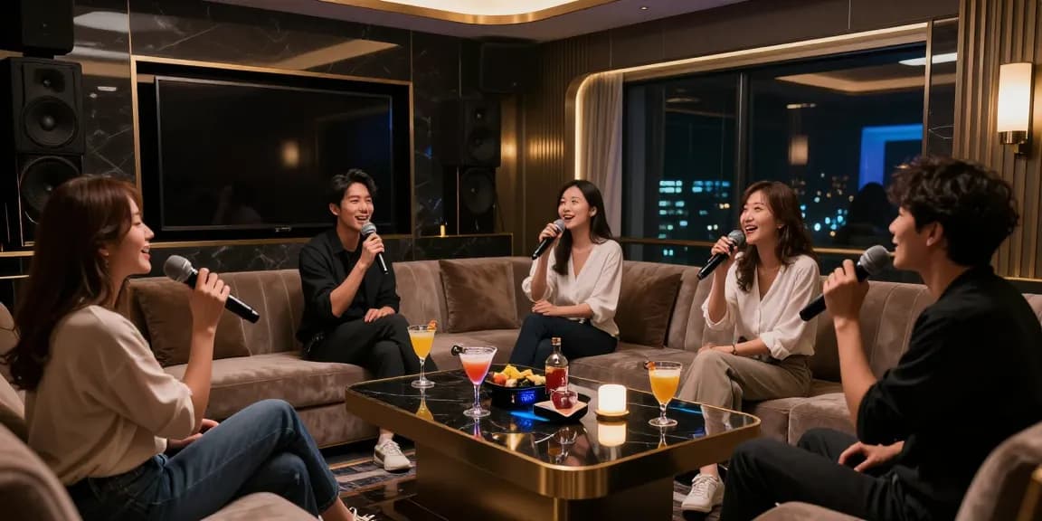 강남쩜오 고급스러운 프라이빗 노래방에서 손님들이 즐겁게 노래하는 모습