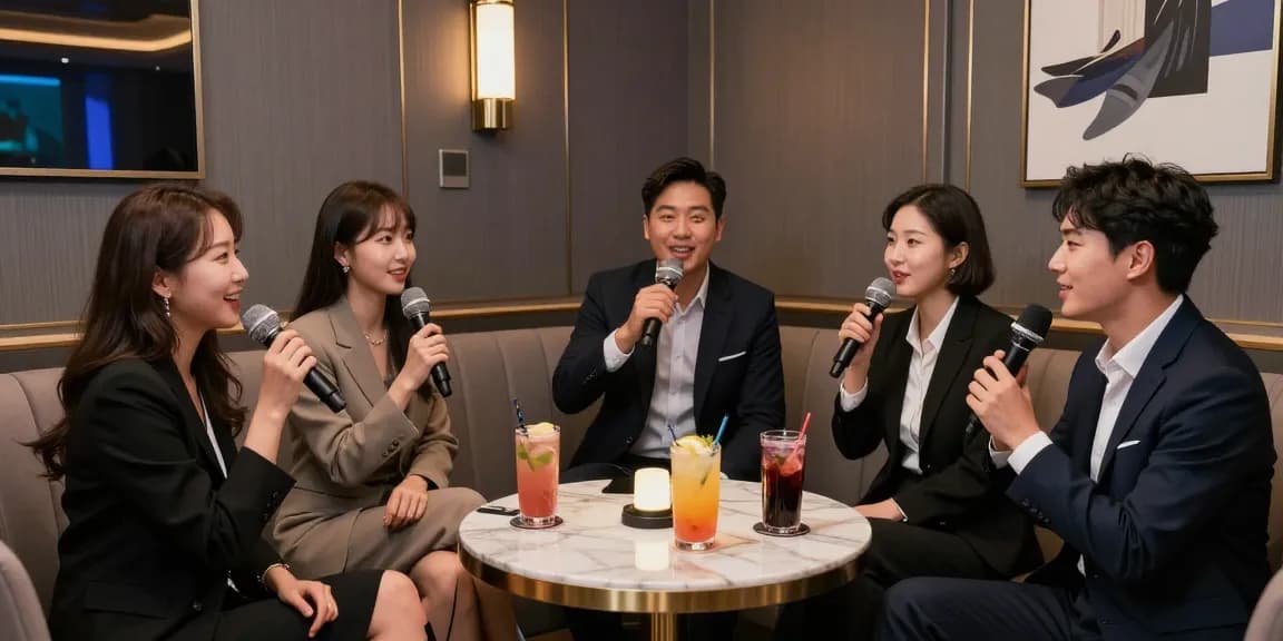 강남쩜오에서 프리미엄 분위기의 고급 카라오케 룸에서 비즈니스 회의를 즐기는 모습.
