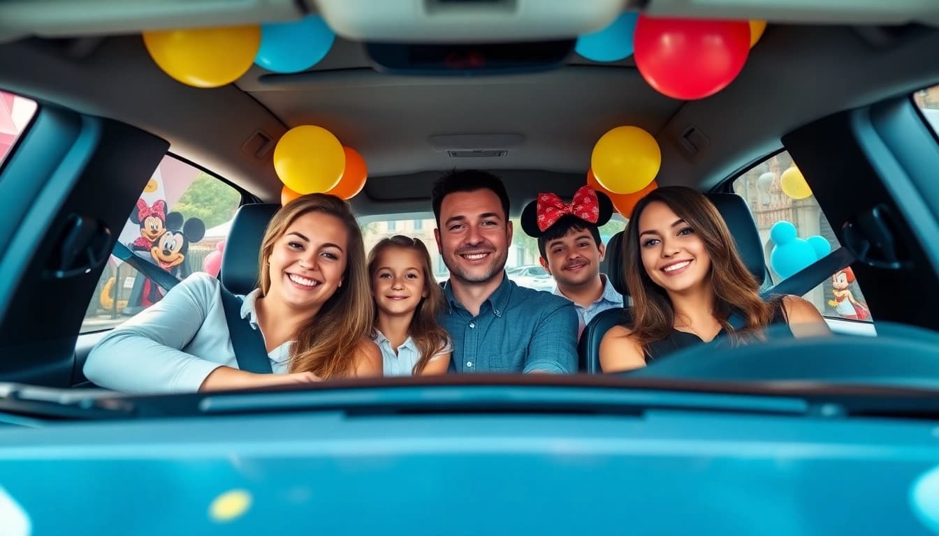 Experience Disneyland Paris airport transfer services with a joyful family in a luxurious vehicle.
