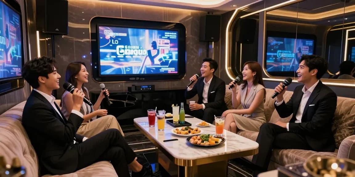 강남쩜오에서 고급스러운 프라이빗 노래방을 즐기는 모습, 세련된 인테리어와 고음질 음향 장비가 어우러진 공간