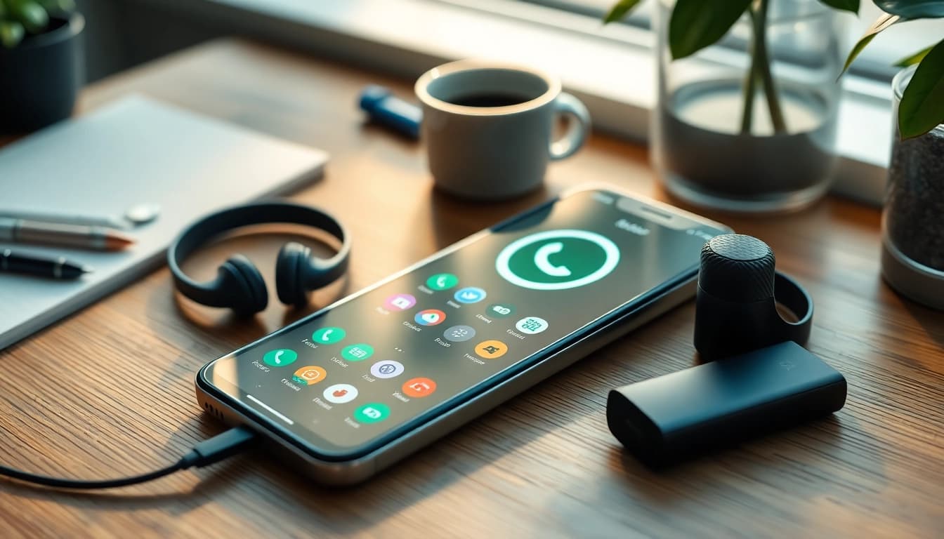 FM WhatsApp interface displayed on a smartphone, surrounded by tech gadgets on a wooden table.
