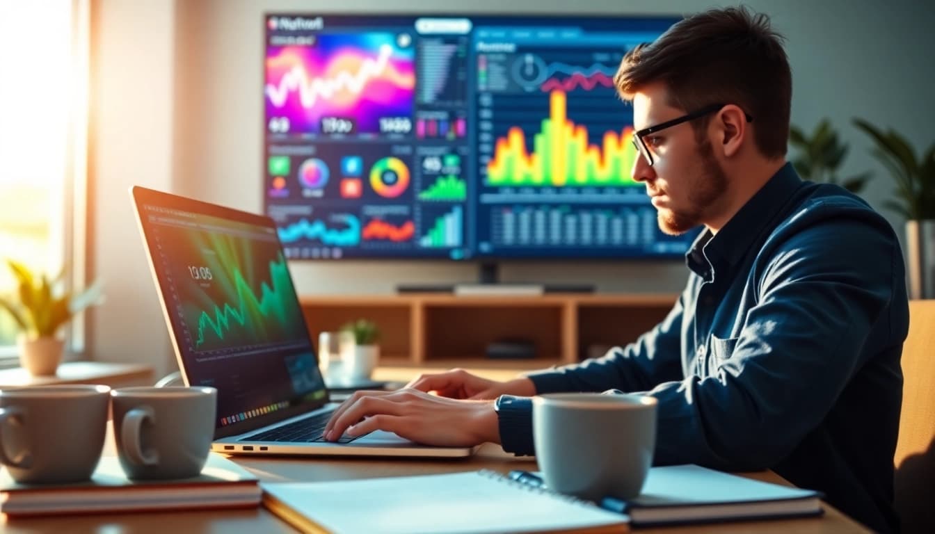 Klynt software being used by a digital creator in a vibrant office environment.