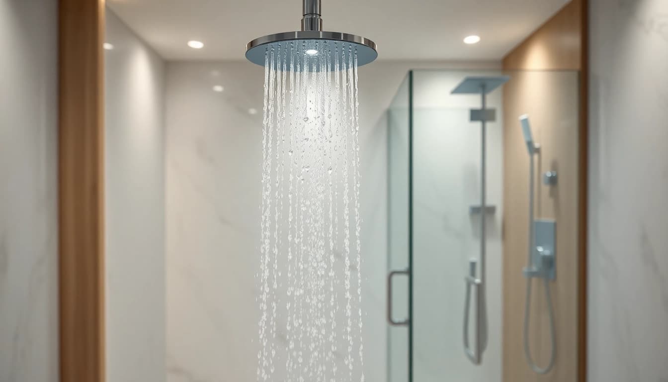 Experience stunning elegant showers au with a luxurious design, featuring glass and marble components.