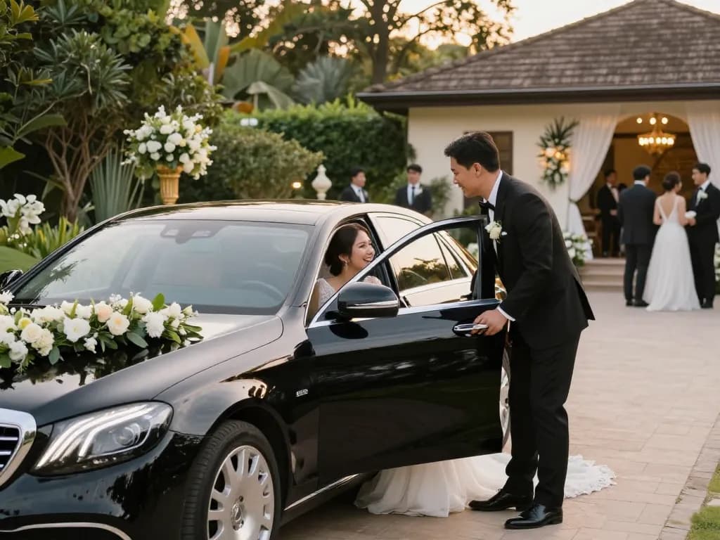 Thuê một chiếc Mercedes cưới cho lễ kỷ niệm thanh lịch với một chiếc xe sang trọng và cặp đôi vui vẻ.