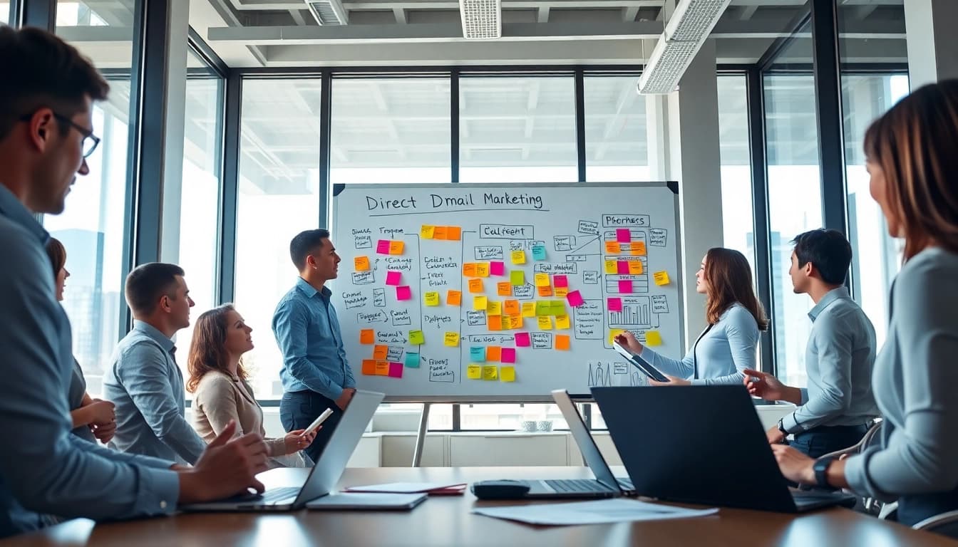 Team discussing innovative strategies at a direct mail company meeting in a vibrant office.
