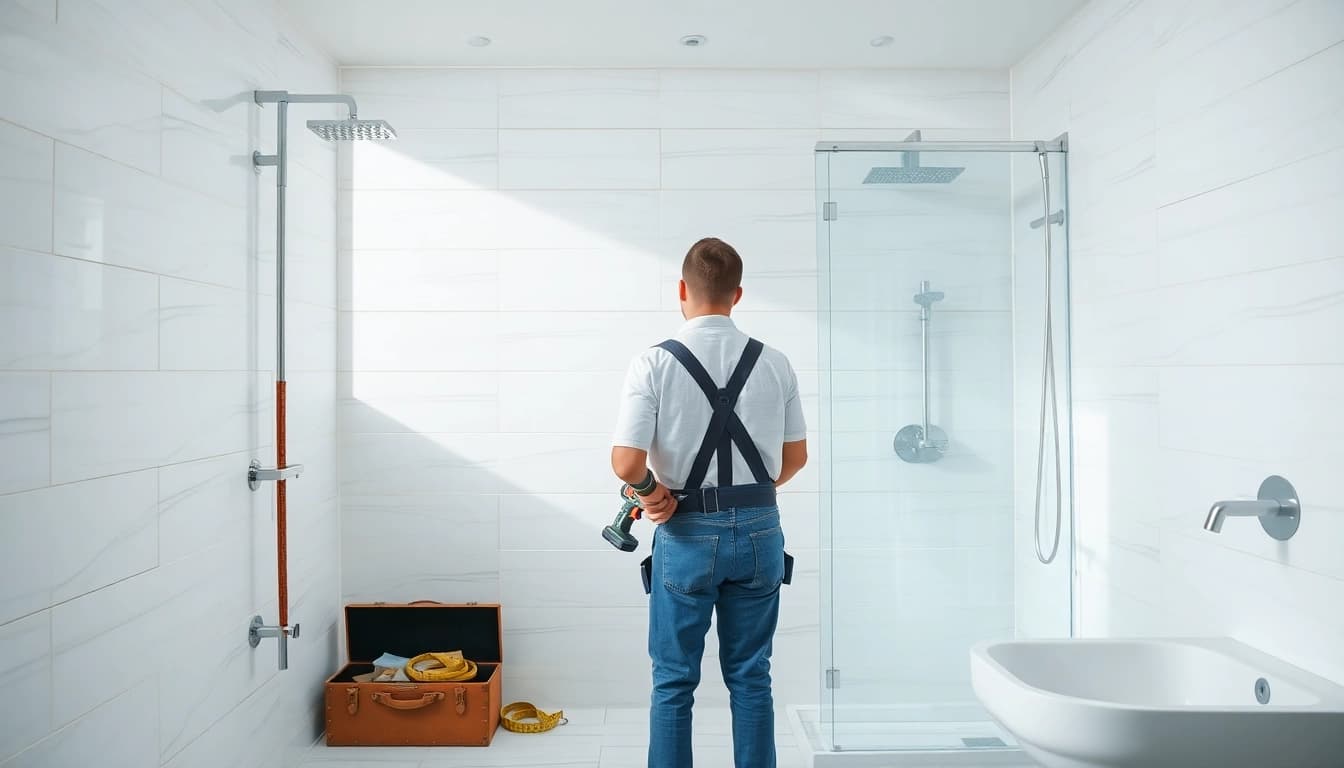 Skilled shower fitters installing fixtures in a modern bathroom style.