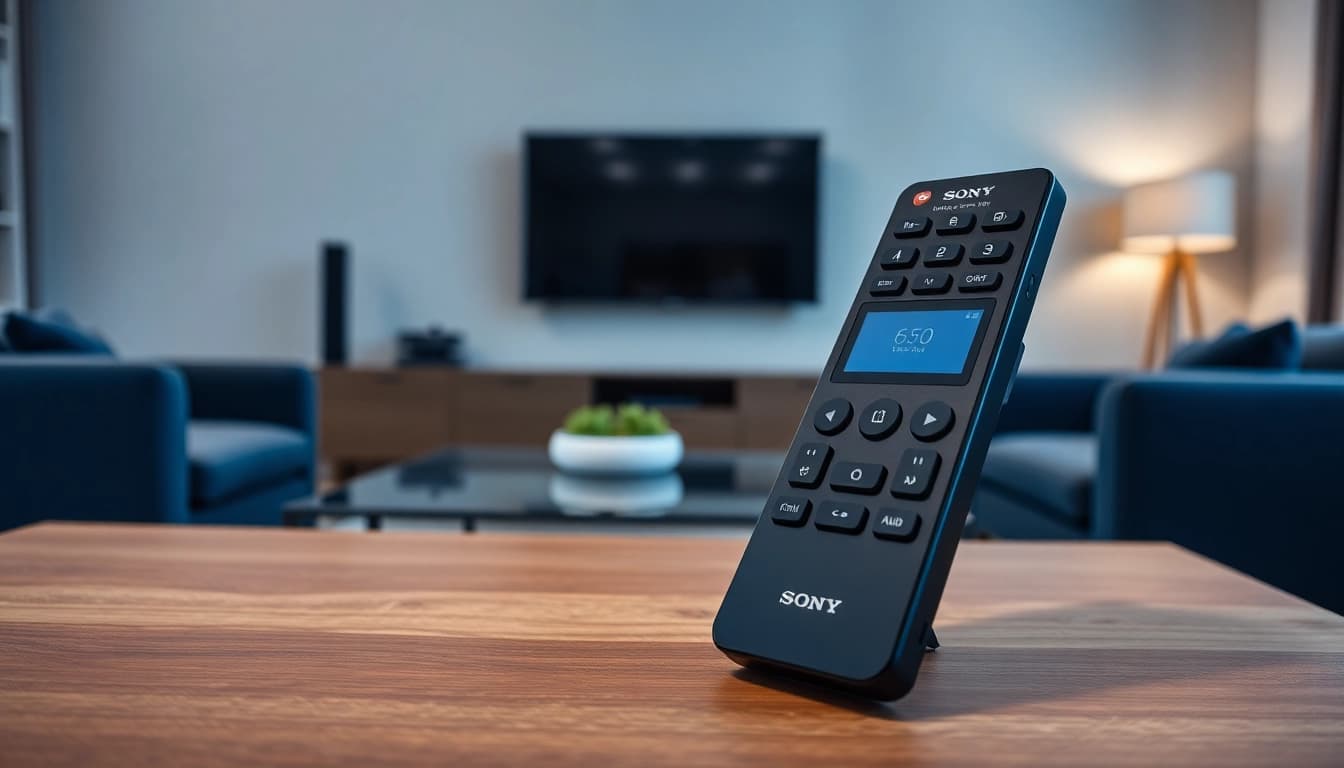 Sony Universal Fernbedienung elegant auf einem modernen Tisch in einem stilvollen Wohnzimmer platziert.