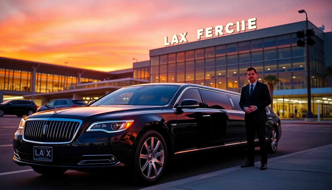 LA Limo parked at LAX with a professional chauffeur, showcasing luxury and convenience.