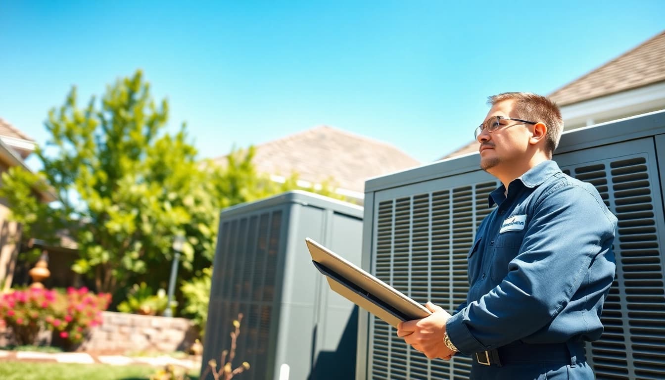 Technician examining an HVAC system; American Standard HVAC dealer service image.