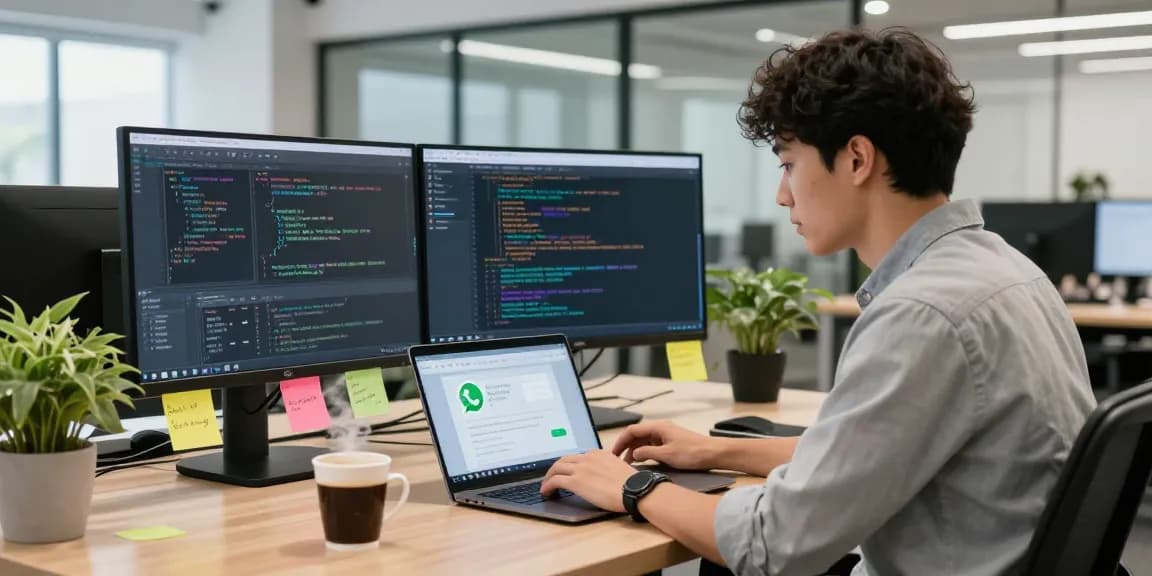Optimized workspace for WhatsApp下載 with multiple screens and a professional engaged in coding.