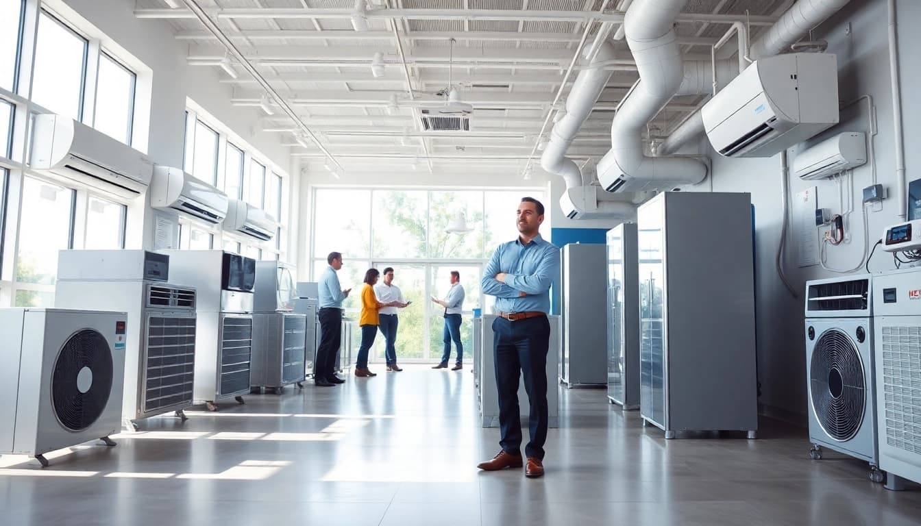HVAC dealers showcase energy-efficient systems in a modern showroom filled with natural light.