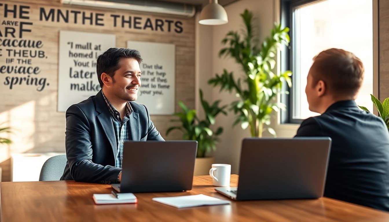 Engaging business coach in Los Angeles office providing guidance during a consultation.
