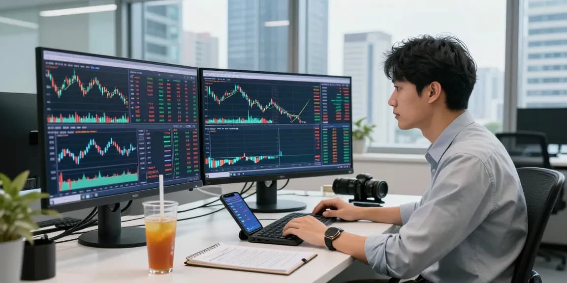 Engaged trader analyzing forex market live prices on multiple screens in a modern office environment
