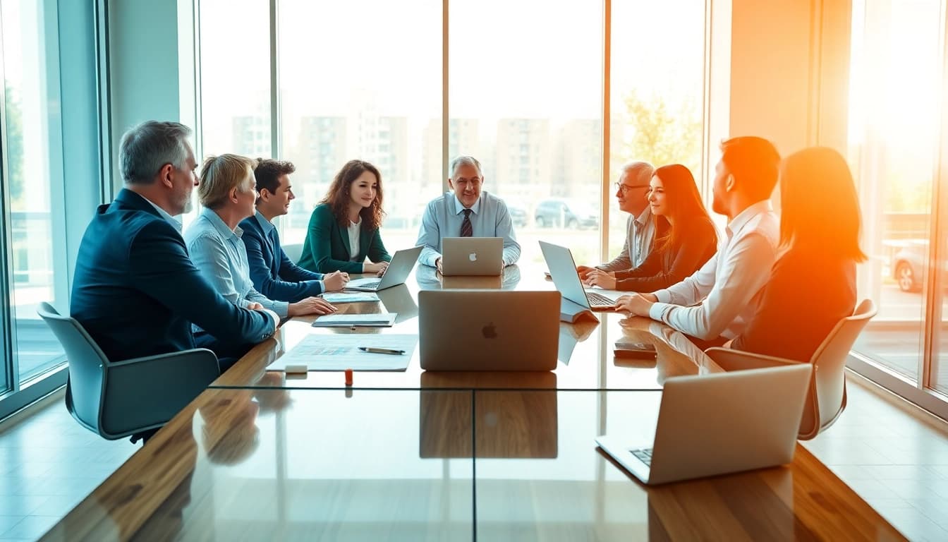 Engaging business coaching service session with diverse participants in a modern office.