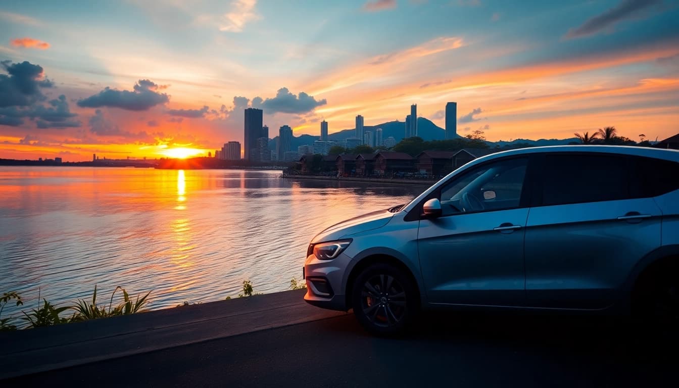 Experience car hire in Kuching with a scenic river view and modern rental car at sunset.