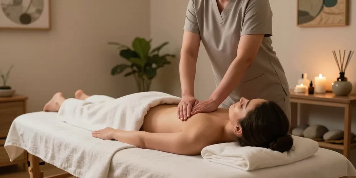 마사지 테라피가 이루어지는 평화로운 스웨디시 마사지 룸, 편안한 분위기와 자연 요소로 아늑함을 표현합니다.
