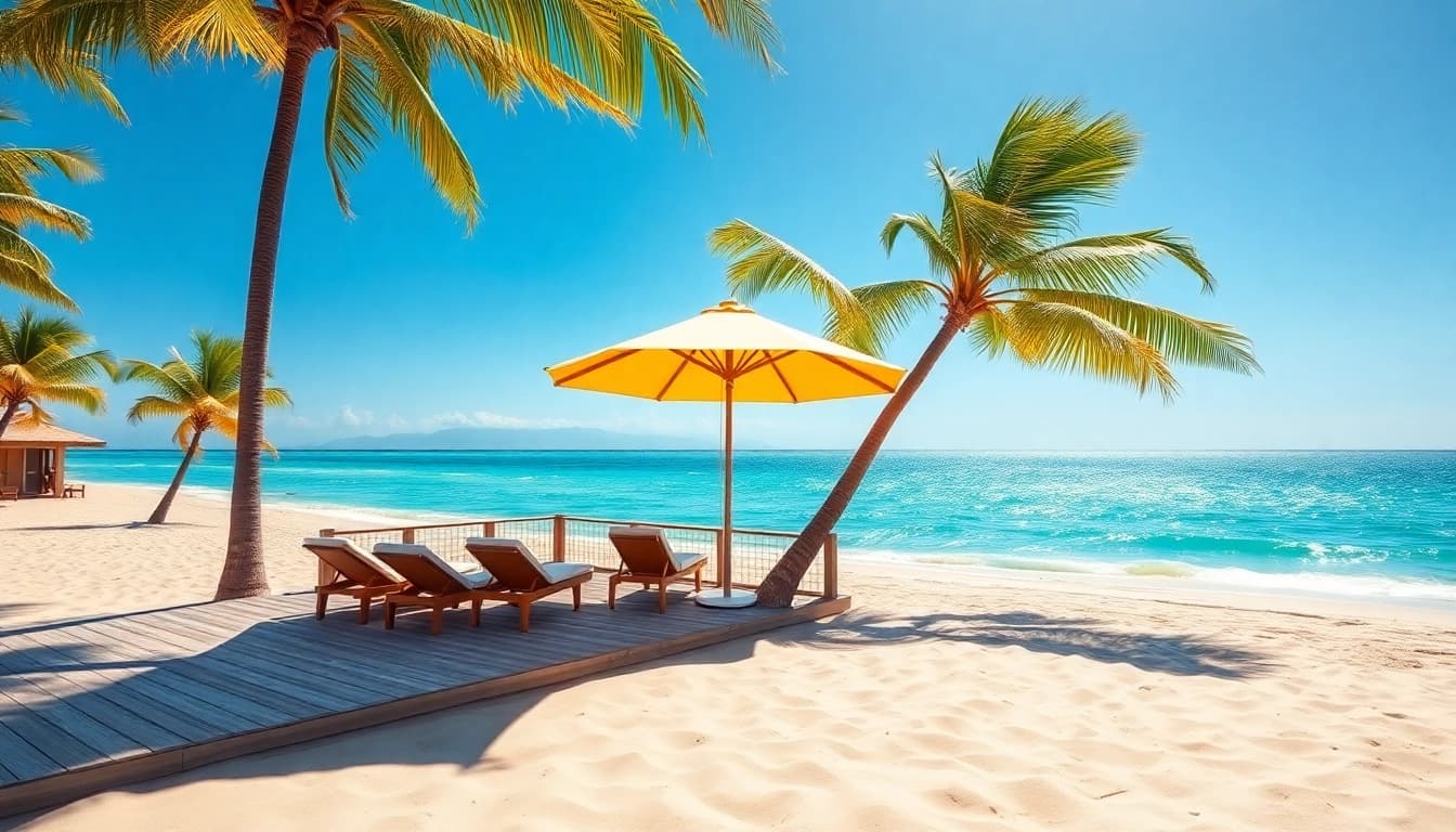 Relaxing coastal cabana beside the beach with palm trees and lounge chairs for a perfect getaway.