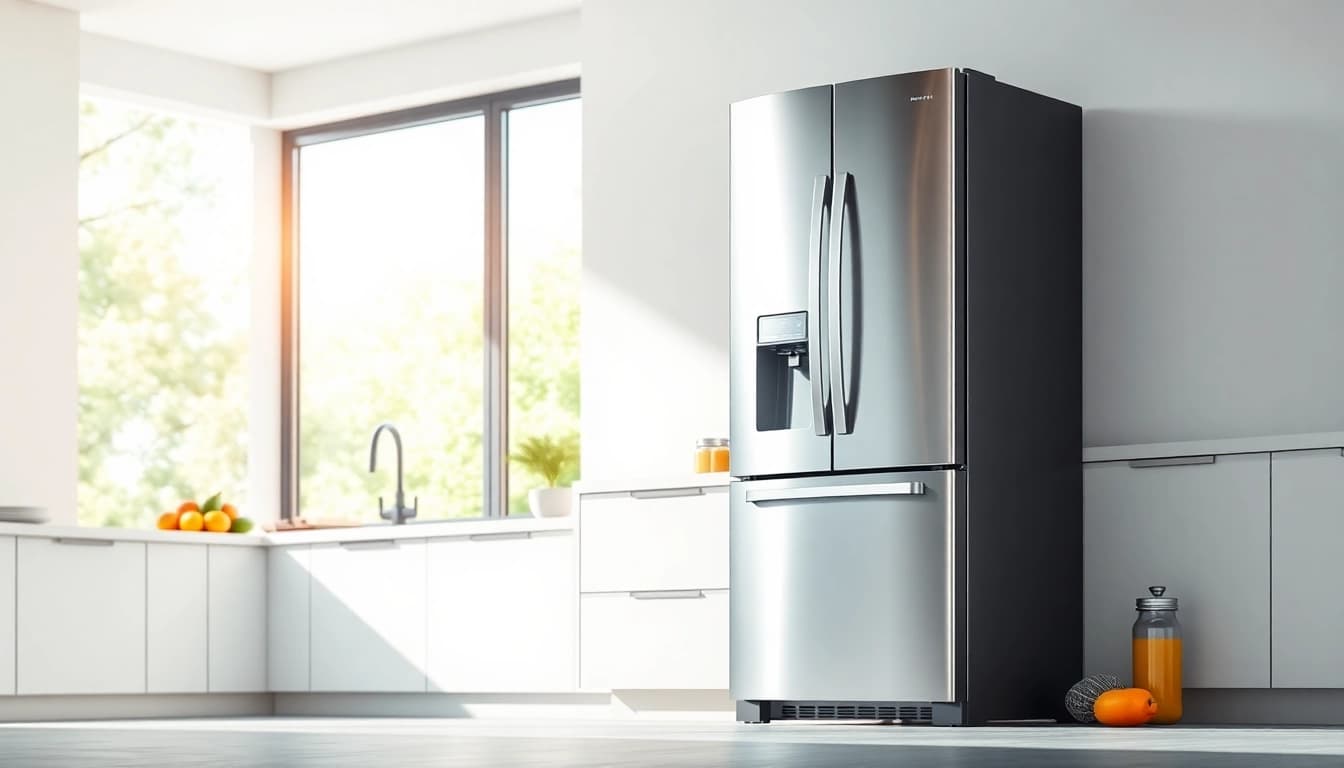 Refrigerator displayed in a modern kitchen showcasing its stylish design and features.
