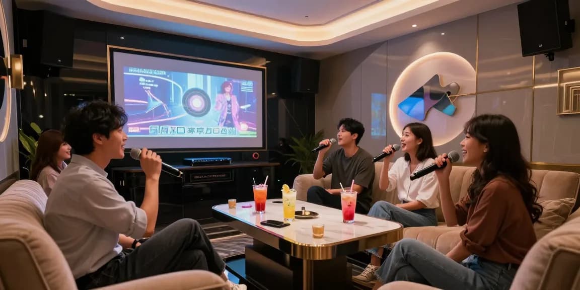 강남 가라오케의 화려한 프라이빗 룸에서 친구들이 노래를 즐기고 있는 모습.