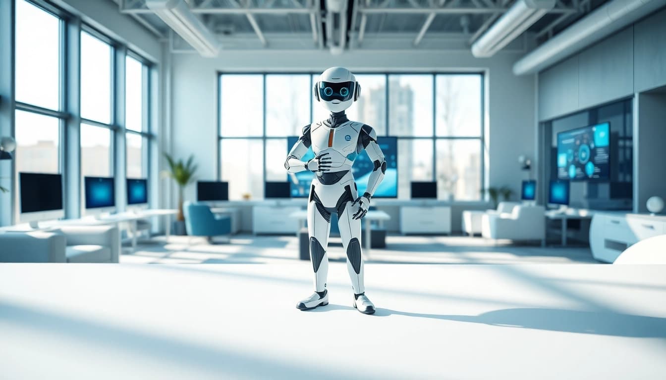AI avatar representing innovation and creativity in a modern workspace setting.