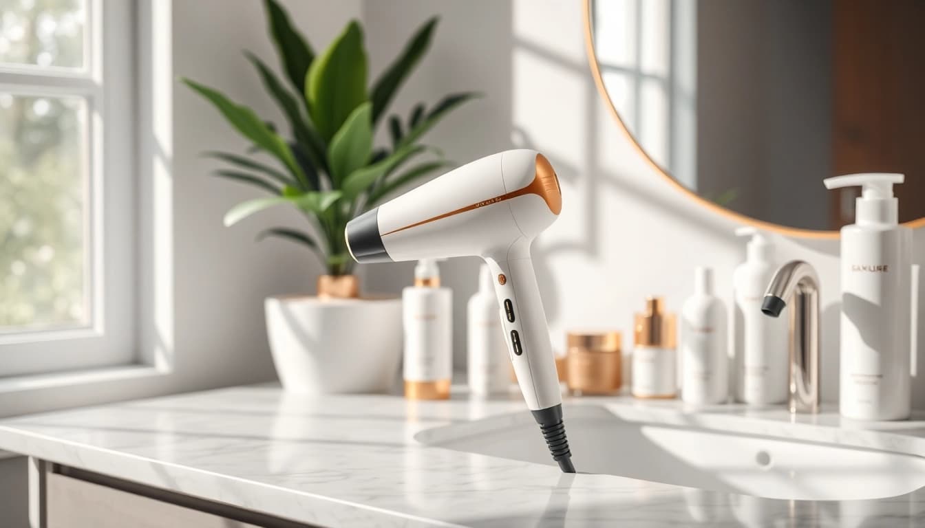Transform frizzy hair with a professional frizzy hair dryer on a stylish countertop.