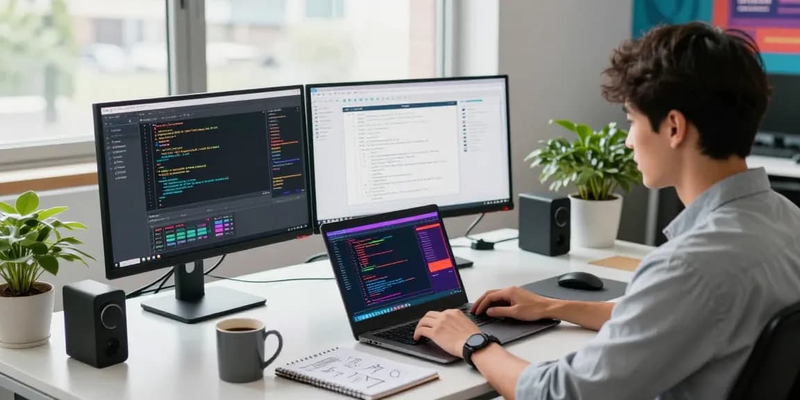 Dynamic tech workspace showcasing coding activities related to 纸飞机官网.