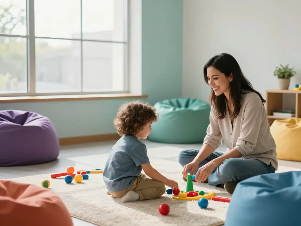 Child actively participating in therapy at Advantage Therapy center, surrounded by sensory toys and a supportive environment.
