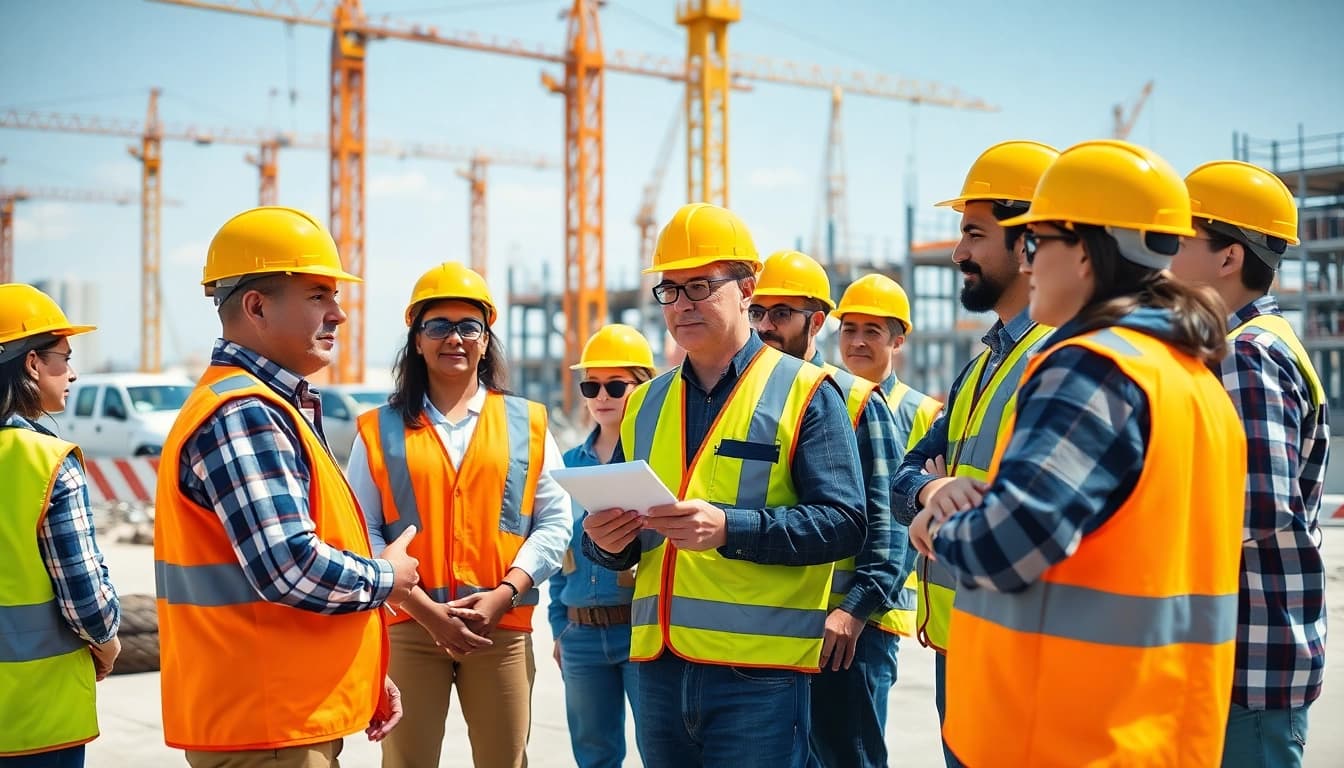 Engaged workers in construction site safety training demonstrating safety practices outdoors.