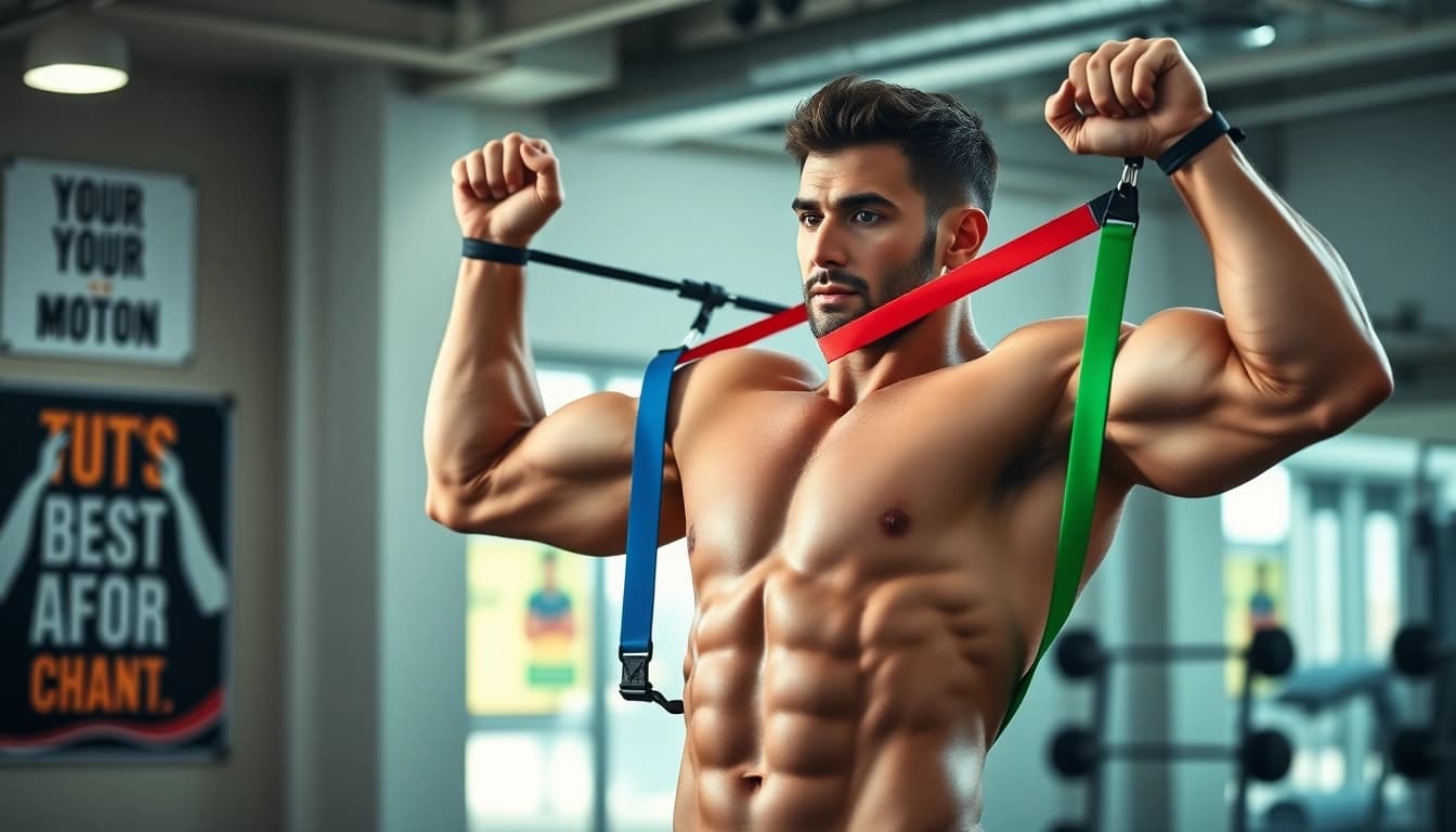 Dynamic demonstration of assisted pull-up bands in a modern gym setting.