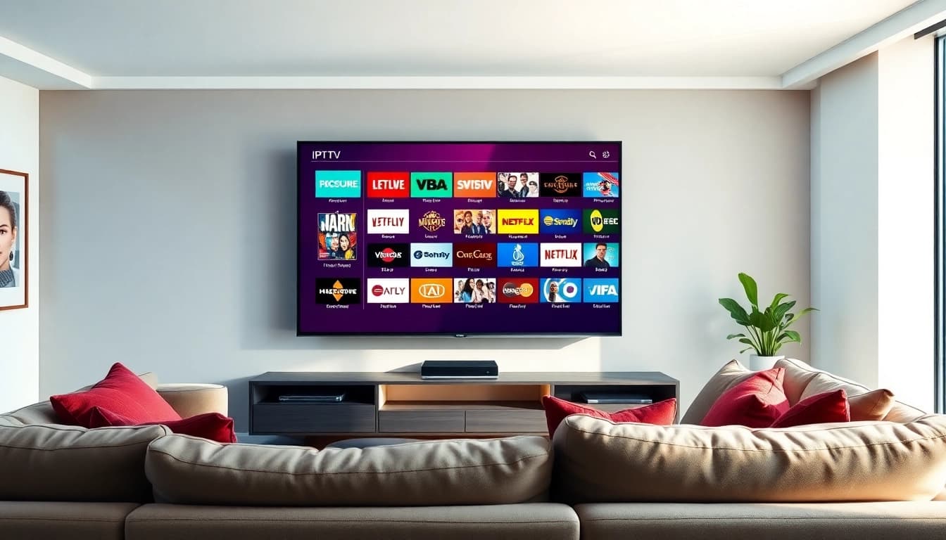 Showcasing an IPTV stream interface featuring iptv m3u channels in a modern living room setting.