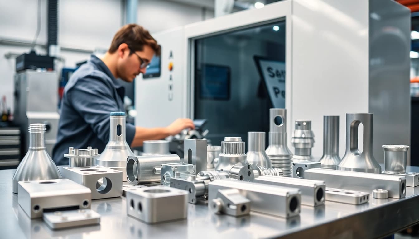 Showcase of aluminum prototypes emphasizing precision and craftsmanship in a professional setting.