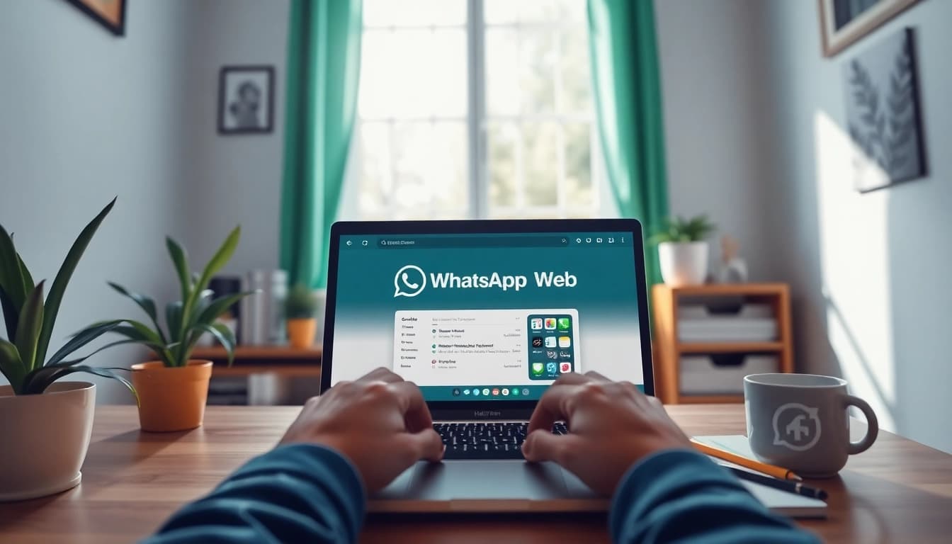 在舒适的家庭办公环境中，使用笔记本电脑与 WhatsApp Web 进行互动。