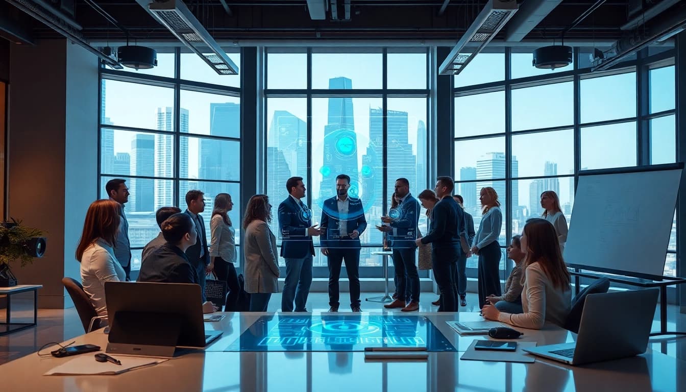 Showcasing technology innovations in a vibrant office setting with diverse professionals.