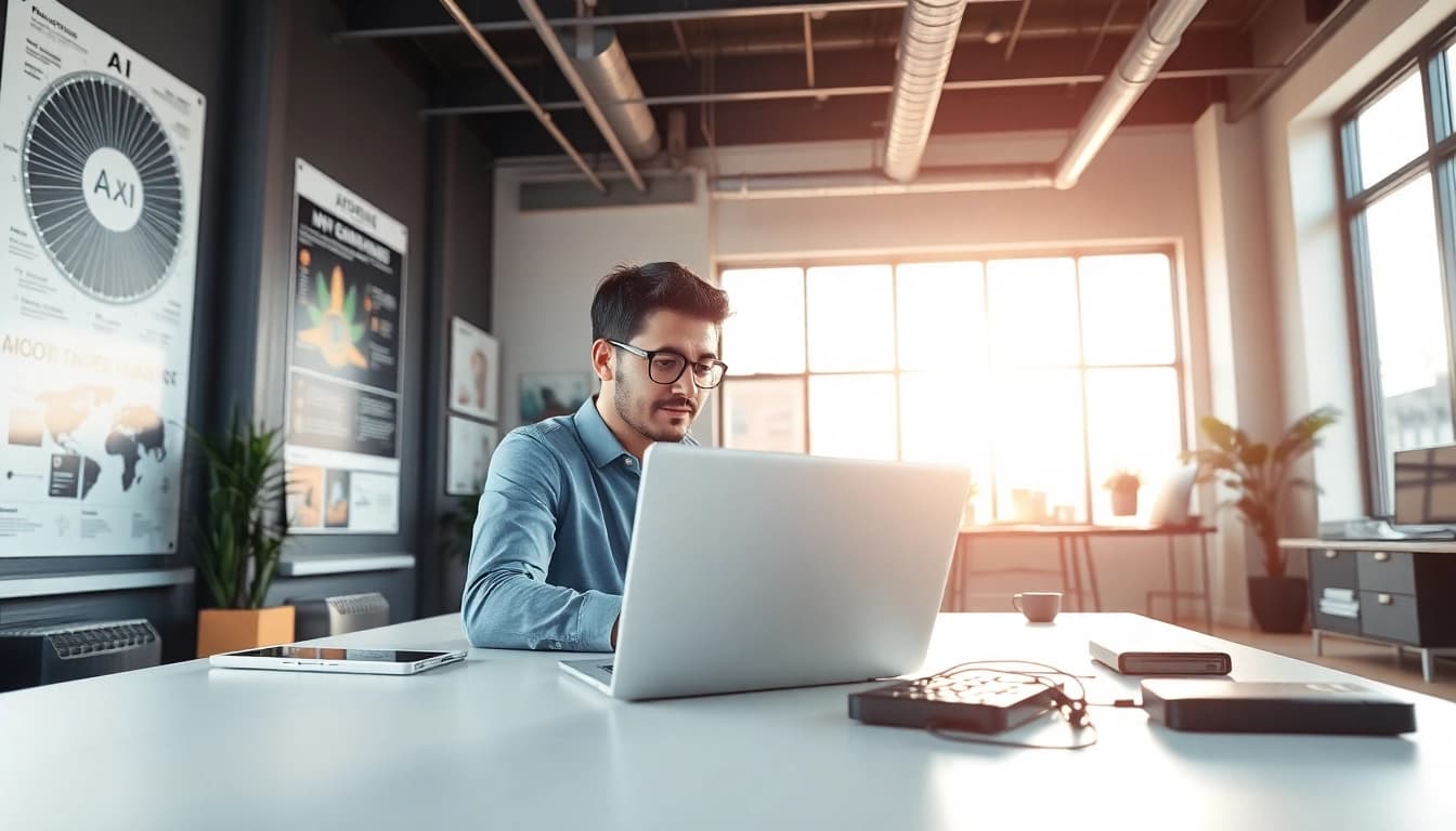 Engaged entrepreneur innovating an ai startup in a vibrant workspace.