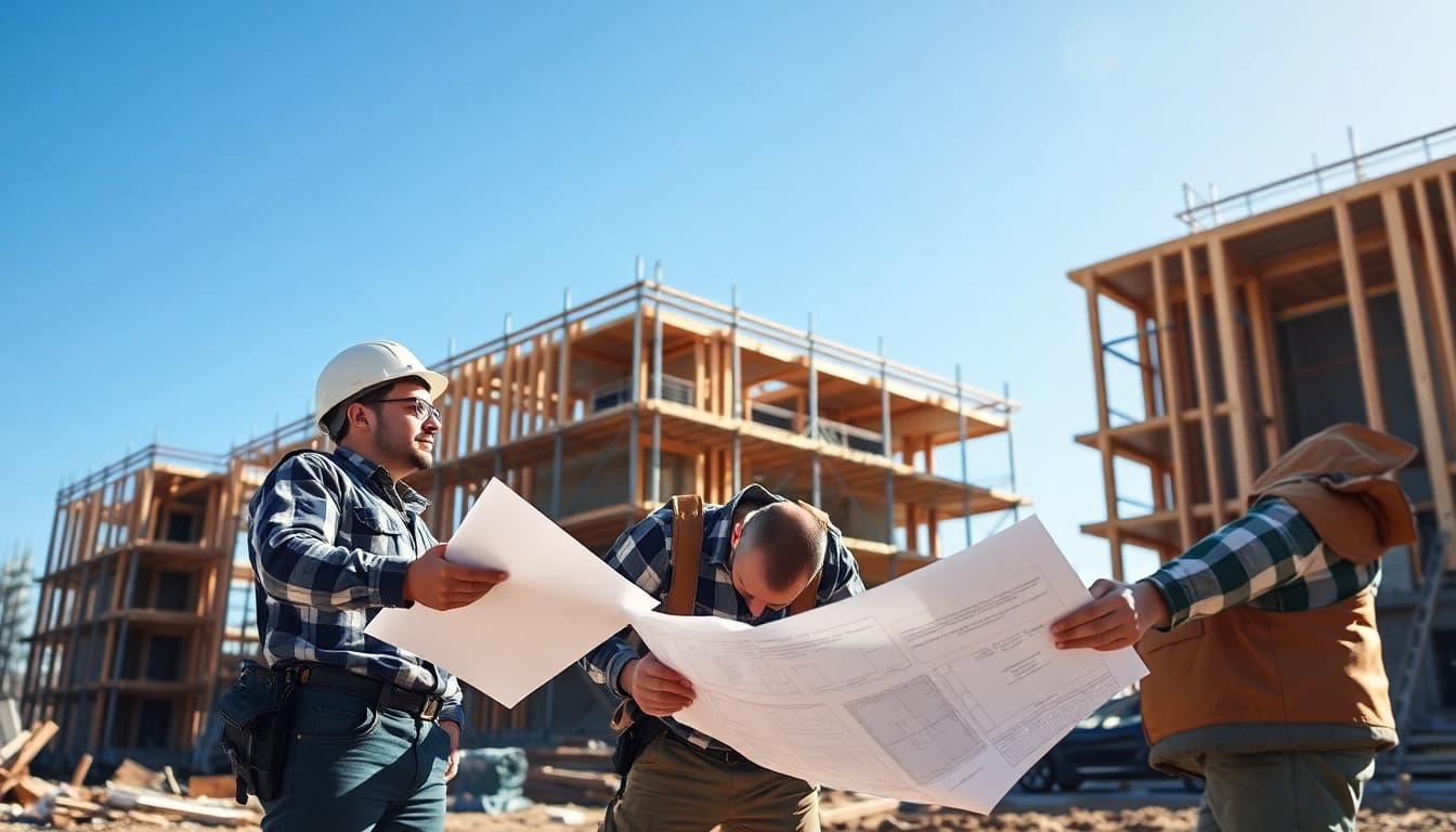 Two professionals from the construction association Denver discussing plans at a busy job site.