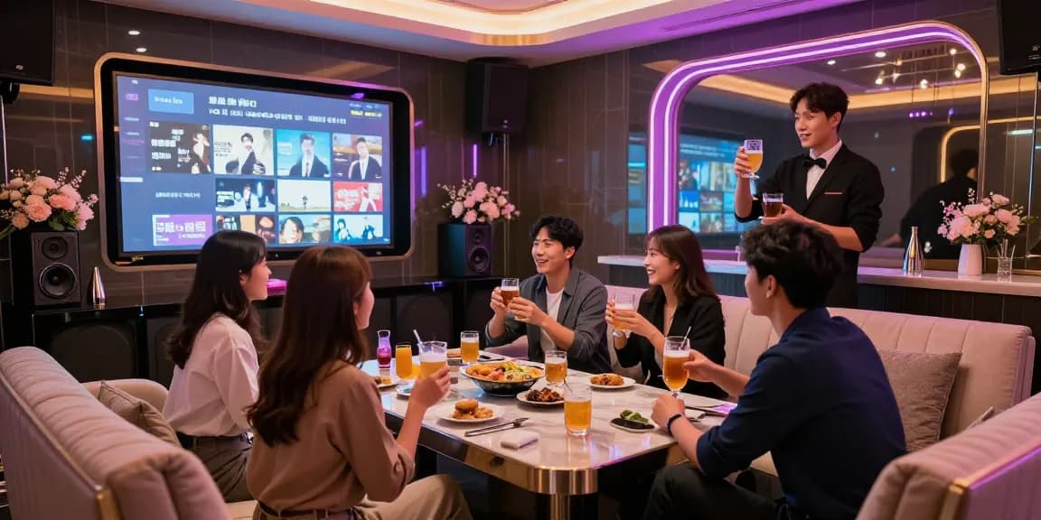 강남쩜오에서 고급스럽고 프라이빗한 노래방 내부의 분위기를 경험하는 고객들
