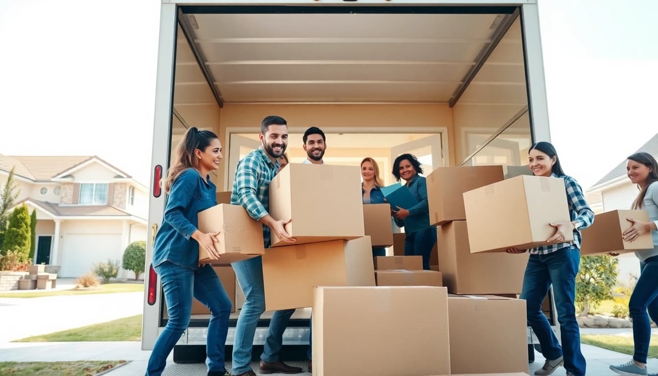 Movers from a moving company Canada expertly handling boxes during a home relocation.