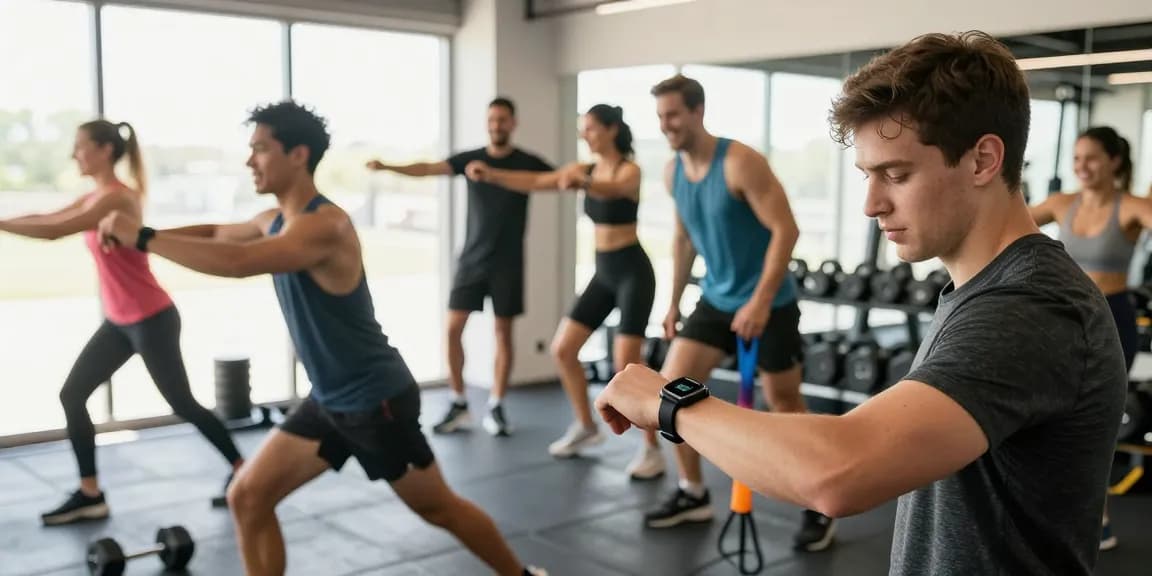 Melihat pengguna menggunakan https://www.polarfitbitshop.com/fitbit-luxe/ saat berolahraga dalam suasana gym yang ceria, memperlihatkan aktivitas menyenangkan dan kebugaran.