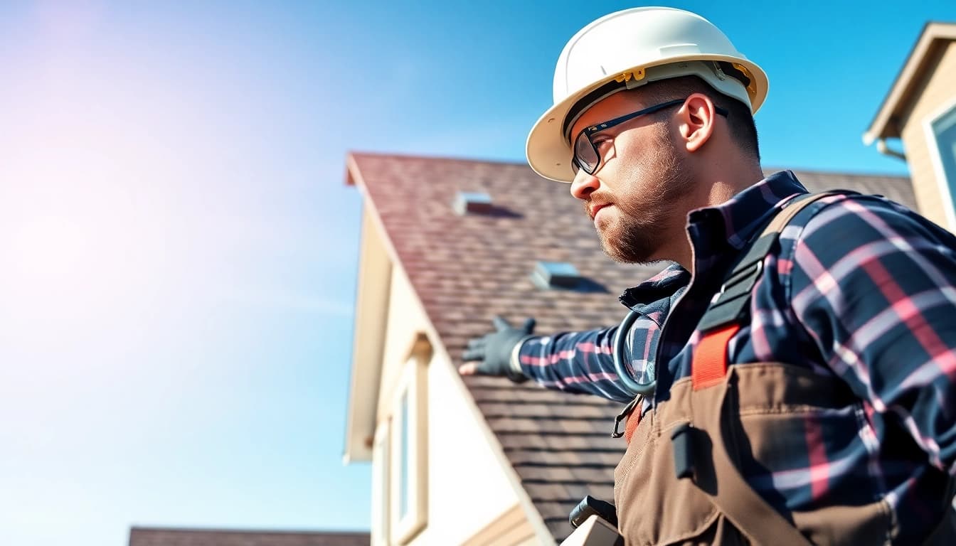 Roofing contractor assessing rooftop conditions with attention to detail and professionalism.