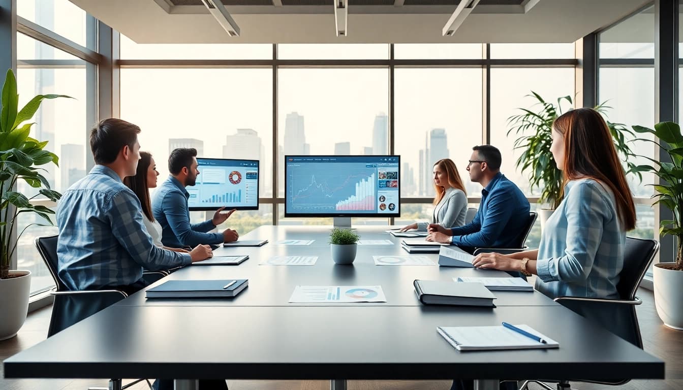 Analyze competitive intelligence in a modern office setting with data displays and a collaborative team.