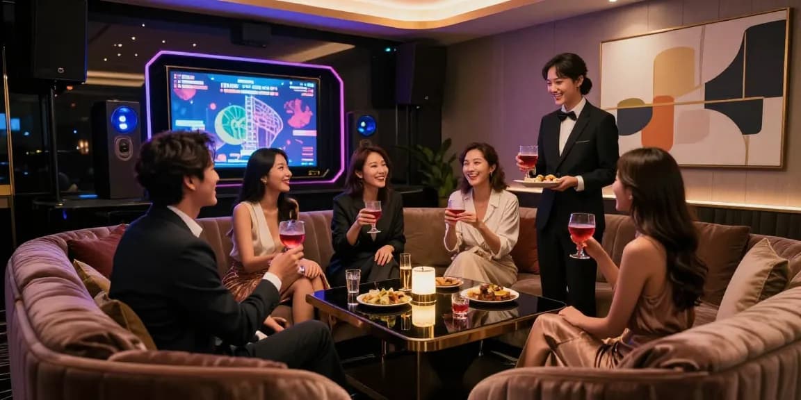 강남쩜오의 고급스러운 노래방에서 친구들과 함께 즐거운 시간을 보내는 모습, 투명한 주대와 친절한 응대가 돋보이는 분위기입니다.